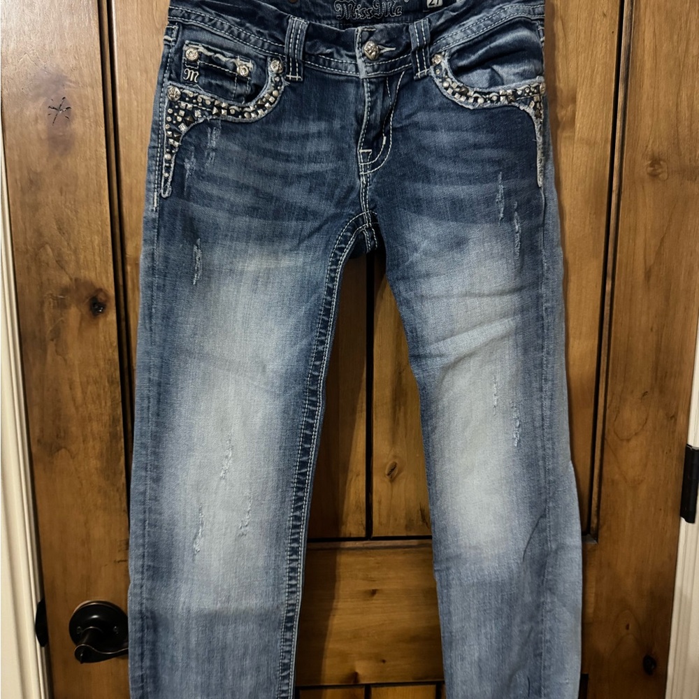 Miss Me Dark Blue Straight Leg Jeans with Embellishments